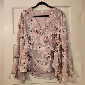 Parker Blouse, Lavender, Purple Floral Wrap Top, Bell Sleeves, Lined Sz Large